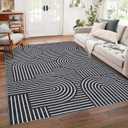 Washable Rug 8x10 Area Rugs for Living Room, Abstract Rug for Bedroom, Soft Rainbow Non Slip Throw Rugs with Rubber Back, Low Pile Stain Resistant Boho Geometric Carpet for Dining Room, Black