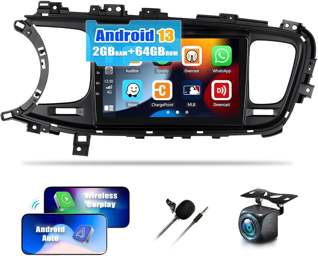 2G+64G Car Radio for Kia Optima K5 2013 2014 2015 with Wireless Carplay Android Auto,9 Touchscreen Android 13 Car Stereo with Mirror Link WiFi/GPS Navigation Bluetooth FM/RDS SWC+AHD Rear Camera