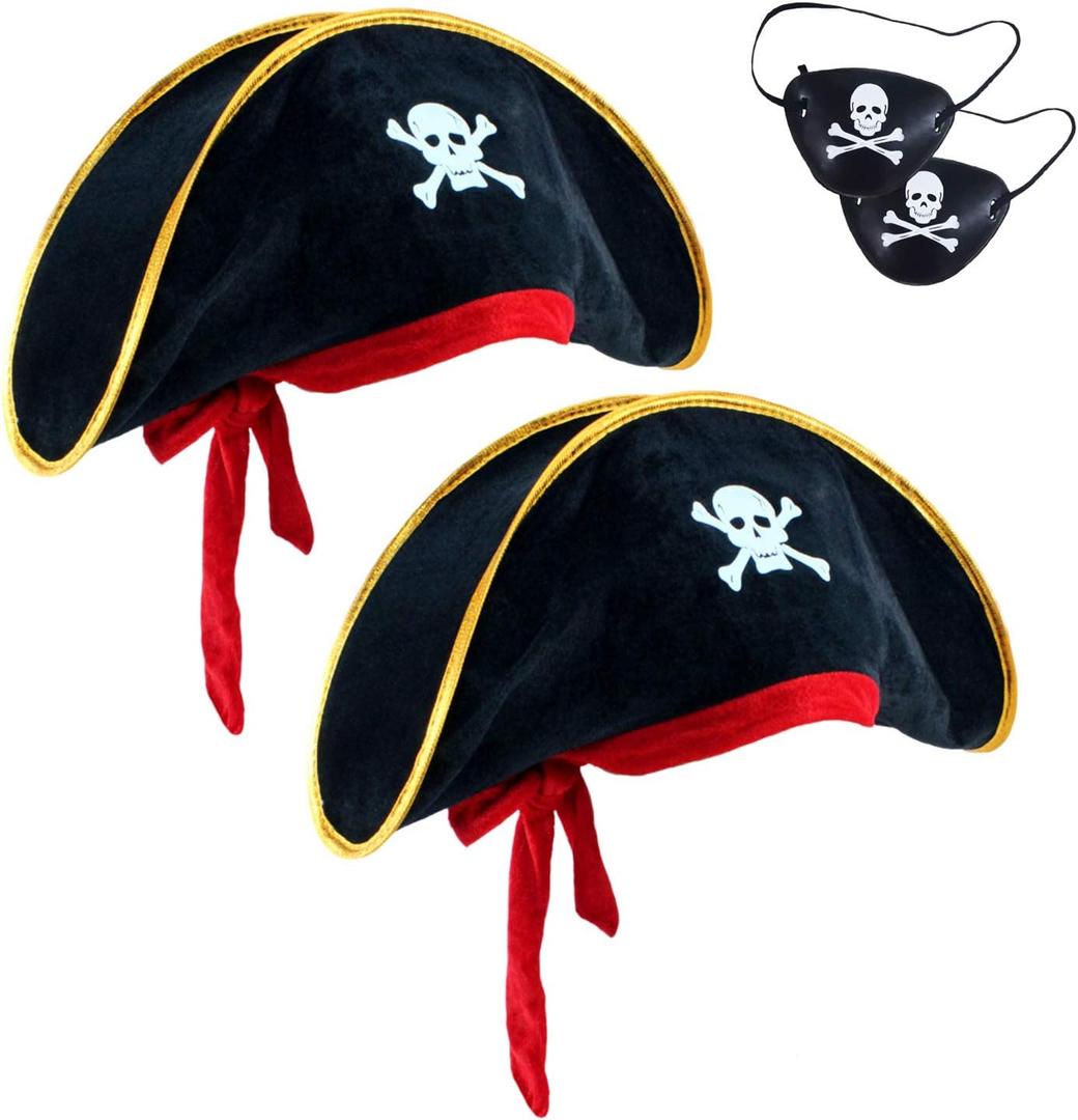 D-Fokes 2 Pieces Pirate Hat Skull Print Pirate Captain Costume Cap - Pirate Accessories Funny Party Hat Caribbean Fancy Dress (Black)