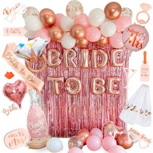 VIDAL CRAFTS 62-Piece Rose Gold Bridal Shower Decorations  Bachelorette Party Decor with Confetti Balloons, Bride-to-Be Banner, Bridal Veil, Fringe Curtains, Bride Sash & Fun Photo Props [UPGRADED] (Rose Gold, Blush Pink, White)