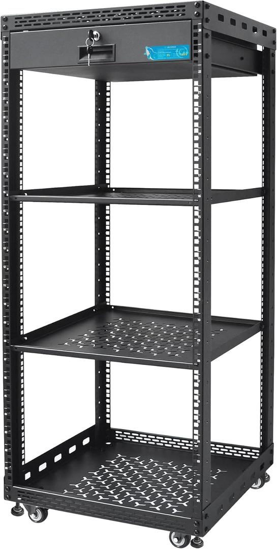 24U Server Rack Cabinet with Drawer & 2 PCS Full Size Rack Shelves - Integrated Top/Bottom Panels, 4 Rolling Wheels for 19" Equipment & Home Lab Studio