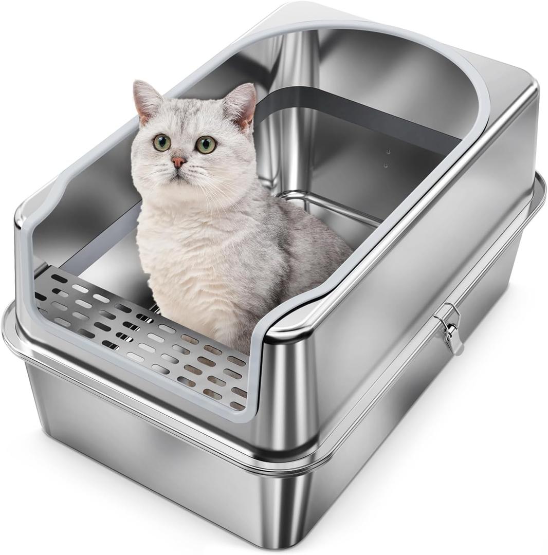 All Stainless Steel Litter Box with Metal Lid- Large Enclosed Metal Litter Boxes for Big&Multiple Cats,Anti Urine Leakage,Odor Free,Easy to Clean (2XL), Stainless Steel 