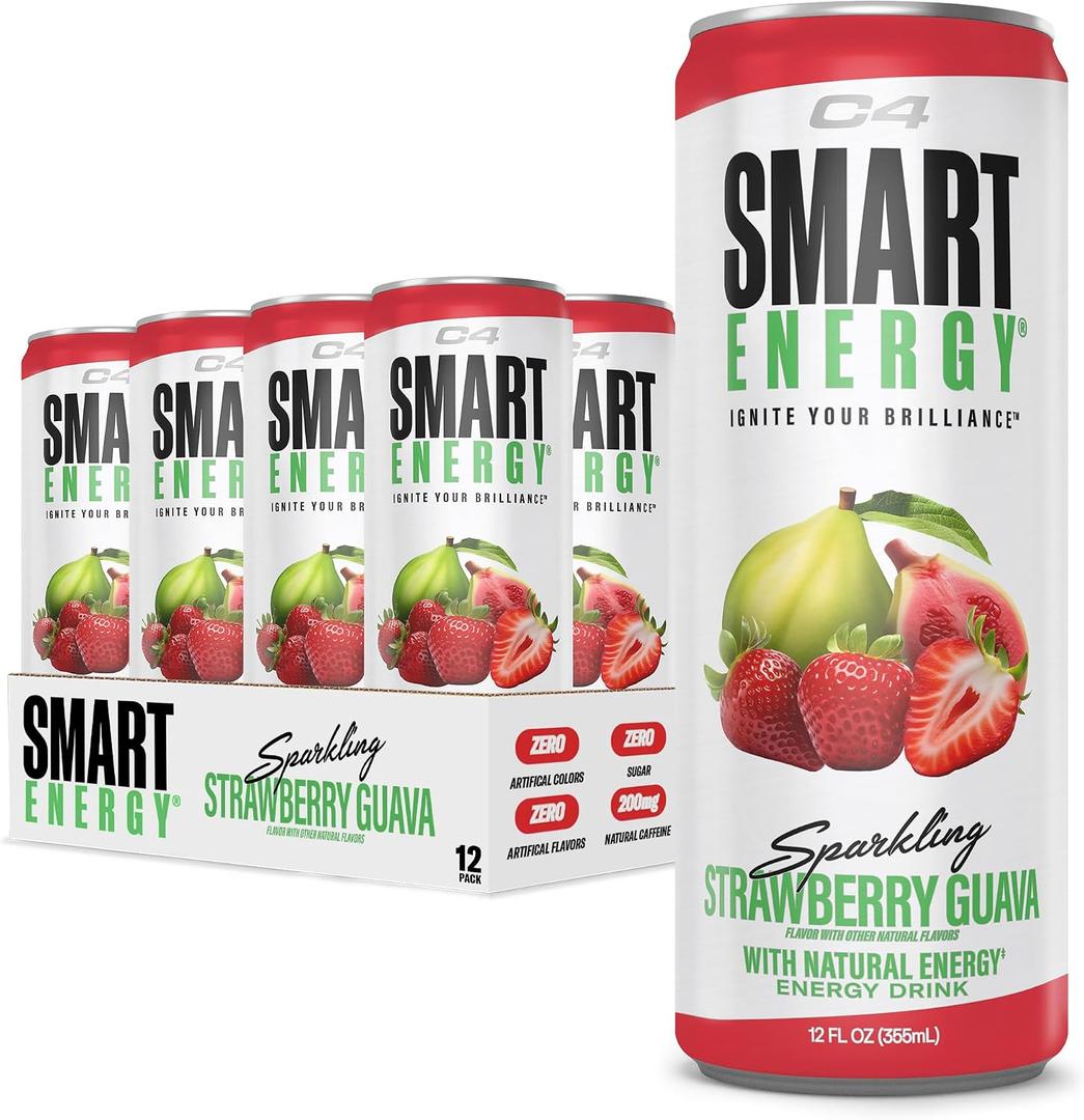 C4 Smart Energy Drink - Sugar Free Performance Fuel & Nootropic Brain Booster, Coffee Substitute or Alternative | Strawberry Guava 12 Oz - 12 Pack (EXP 11/01/26)