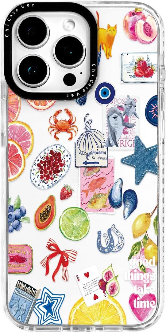 for iPhone 13 Pro Case, Coastal Fruit Collage Pattern with Lucky Charms, Military-Grade Drop Protection, Boho Y2K Soft Slim TPU Protective & Camera Protection for Women Girls (BuleArtCut)