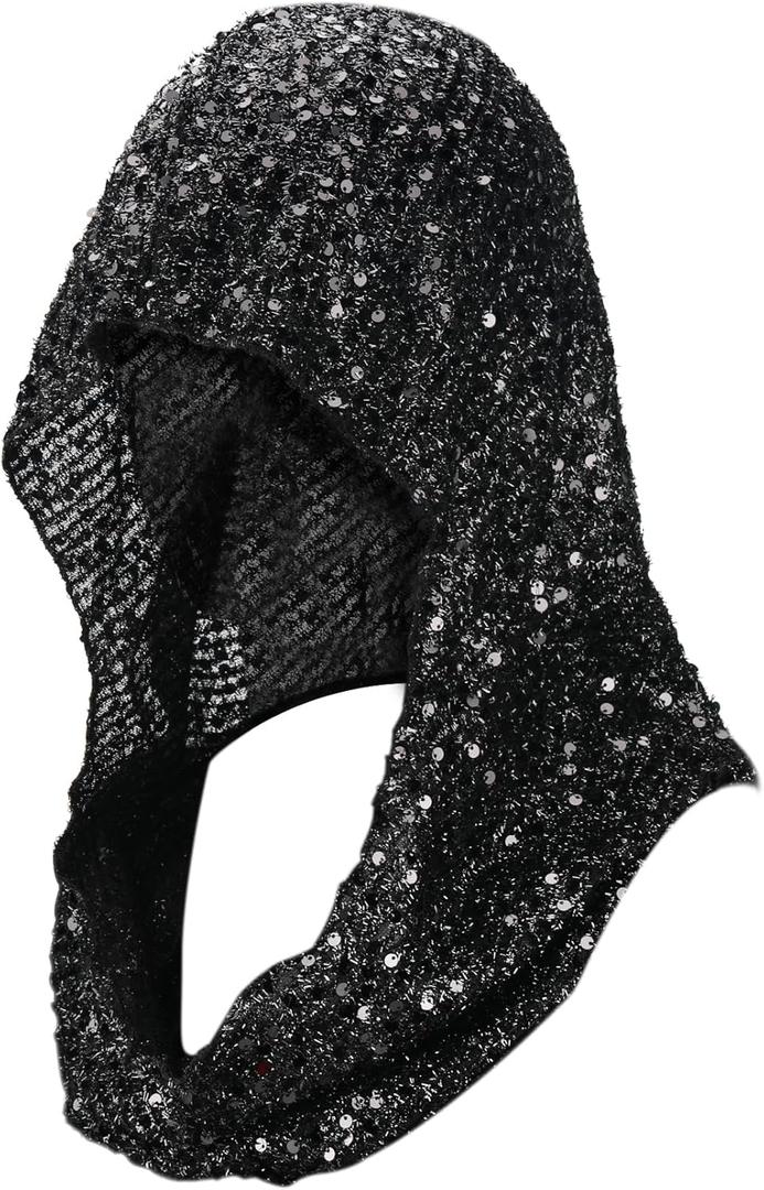 Guayma Rave Outfit Festival Accessories For Women,Sequin Rave Hood Head Scarf For Halloween Mardi Gras Costume Gear (Bk)