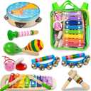 Kids Musical Instruments, 12pcs Wooden Musical Toys for Toddlers 2-4 with Xylophone Maracas Tambourine, Educational Baby Musical Toys Birthday Gift for 2 3 4 5 Years Old Girls Boys