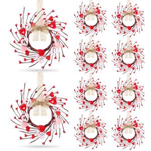 10 Pcs Valentines Day Wreaths Kitchen Cabinet Wreath Farmhouse Artificial Red Pink Heart Berries Mini Valentine's Day Windows Wreath for Front Door Porch Wall Decor