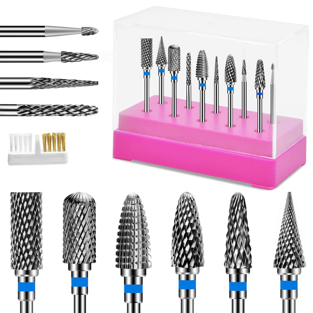 CGBE Nail Drill Bits Set: 10PCS Tungsten Carbide Nail Drill Bits for Acrylic Nails, 3/32'' Shank Professional Nail Bits for Nail Drill Cuticle Drill Bit for Home Salon Nail Enthusiasts Manicurist