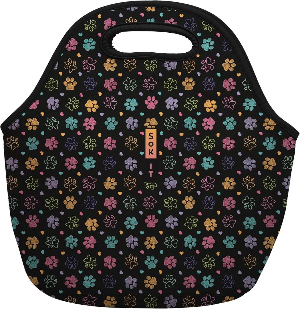 Sok It LunchTote Zippered Bag Insulated Neoprene Caddy (Furry Footprints, Large 4.5 Quart Lunch Tote)