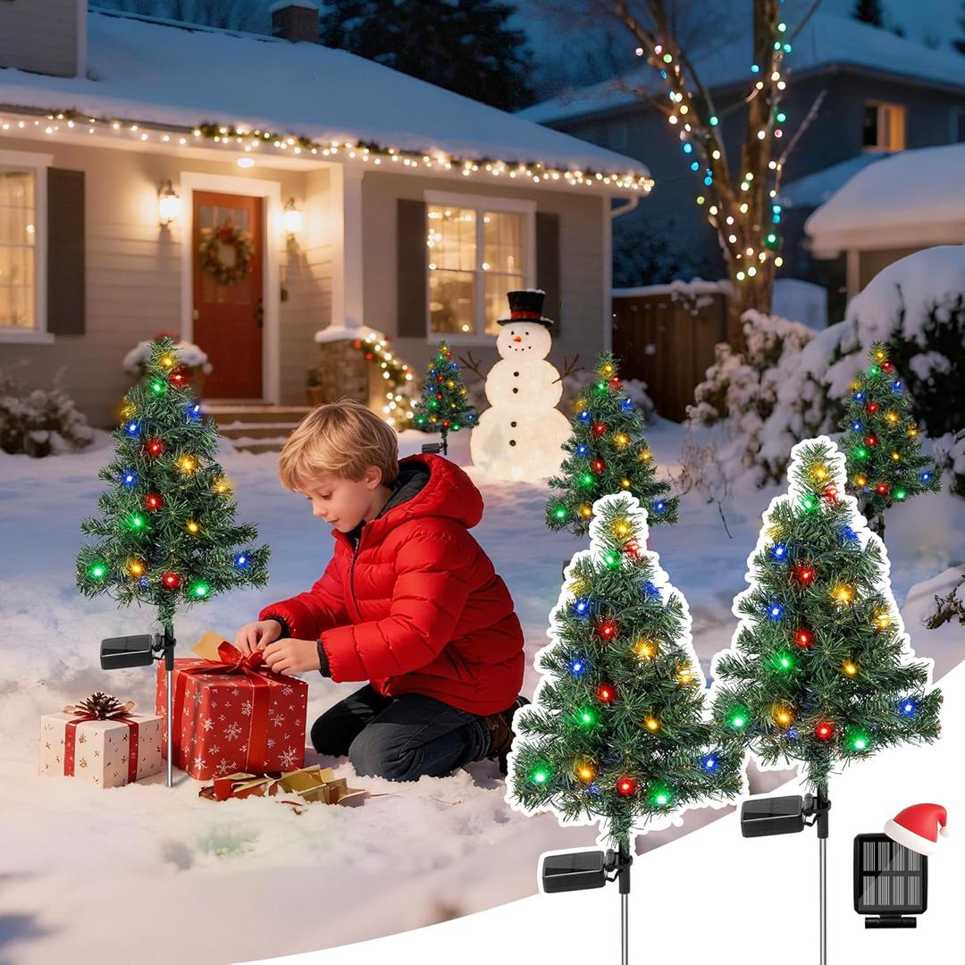 Christmas Tree Solar Lights Decoration Gifts Outdoor, Decorative Navidad Solar Tree Lights with Multiple Modes, Waterproof Xmas Decorations for Outside, Garden Yard Patio Decor 2 Pack