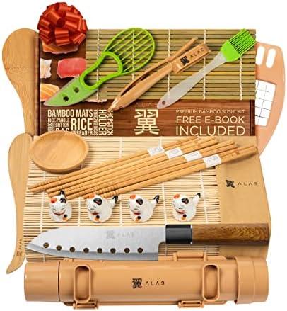 Alas Sushi Making Set - Kit for Beginners & Pros with Knife, 2 Mats,  Dipping Plate