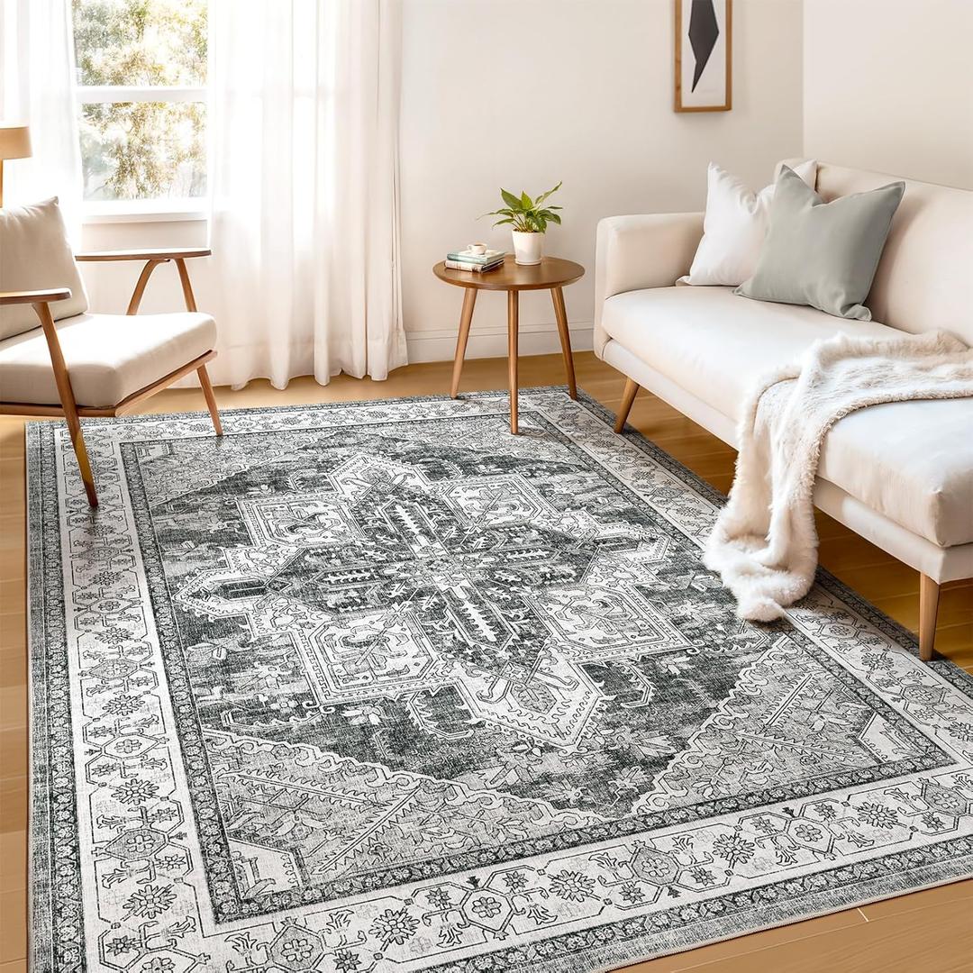 WITSHOCK Living Room Area Rug 6x9: Washable Rugs Boho Soft Non-Slip Low Pile Stain Resistant Foldable Carpet for Bedroom Playroom Dining Room Office Kitchen Farmhouse Home Decor Rug-Gray (6' x 9' (Rectangular), Grey)