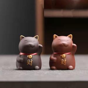 Zisha Tea Pet Angry Unhappy Cat Bat Figurine, Cute Kung Fu Tea Ornament Accessories of Frog Tea Set, Decoration for Tea Table Desk Tearoom, Great Gift for Tea Lover Friend (6.Lucky Cat Red&Purple)