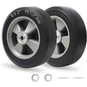 GICOOL 8" x 2" Solid Rubber Flat-Free Tire and wheel, with Ball Bearings and 1/2 Axle Bore Hole, 2" Offset Hub, For Hand Truck Dolly Trolley Garden Wagon Cart Generator Replacement Tire, 2 Pack