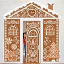 4 Pcs Christmas Gingerbread House Decorations Backdrop Set, Gingerbread Door Covers Large Xmas Wall Decorations Christmas Street Background Banner for Holiday Party Supplies Home Photo Booth Decor