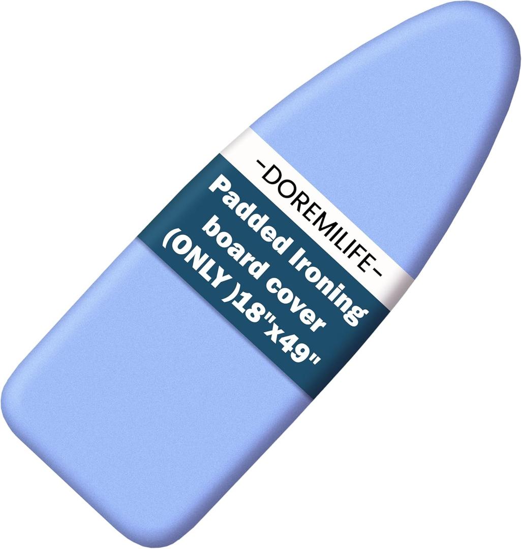 Ironing Board Cover and Pad 18x49 Large, Extra Thick Natural Cotton, Silicone Coated, Scorch Resistant, Elastic Edge with Hook Loop Strap, Wide Iron Board Padding, Heatproof Blue