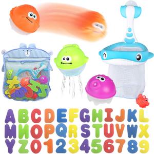 Bath Toy Sets, 36 Foam Bath Letters and Numbers, Floating Squirts Animal Toys Set with Fishing Net and Organizer Bag, Fish Catching Game for Babies Infants Toddlers Bathtub Time