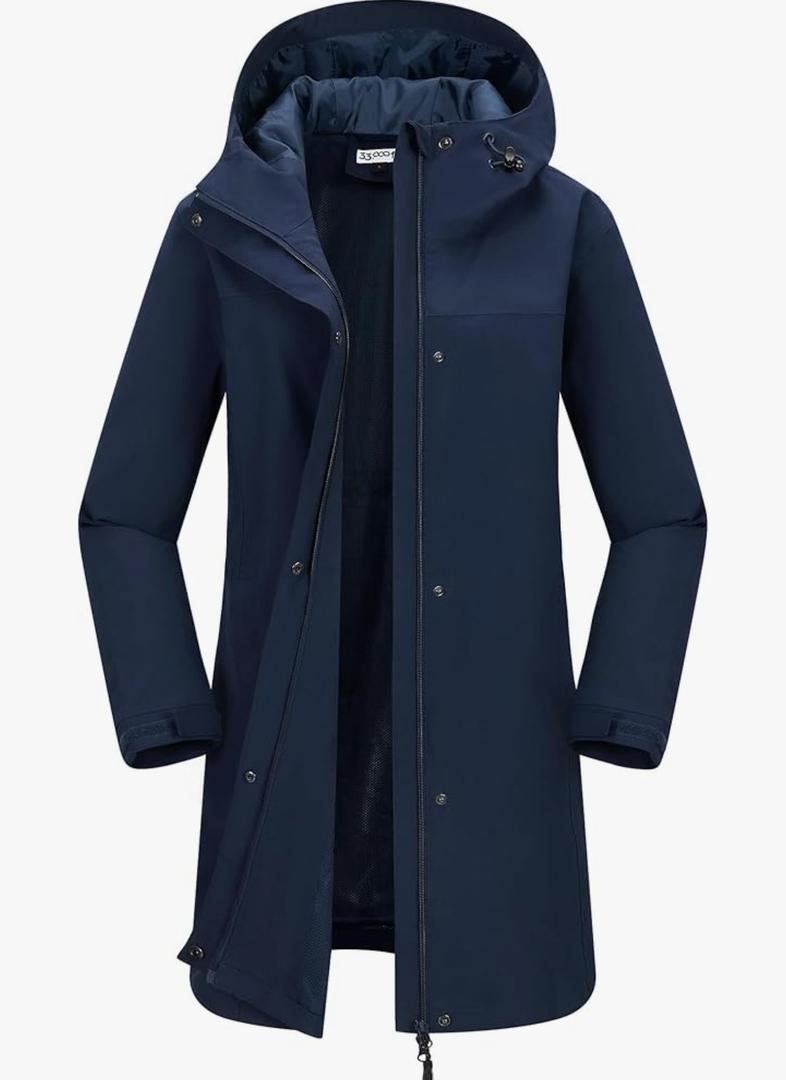 33,000ft Women's Waterproof Long Rain Coats with Mesh-Lind Breathable Rain Jacket with Hood Trench Coats Windbreaker, Size: L