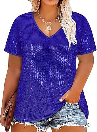CARCOS Plus Size Sequin Top for Women Short Sleeve Party Blouse Evening Sparkle Shimmer V Neck Glitter Shirt Ladies XL-5XL, 2XL, blue