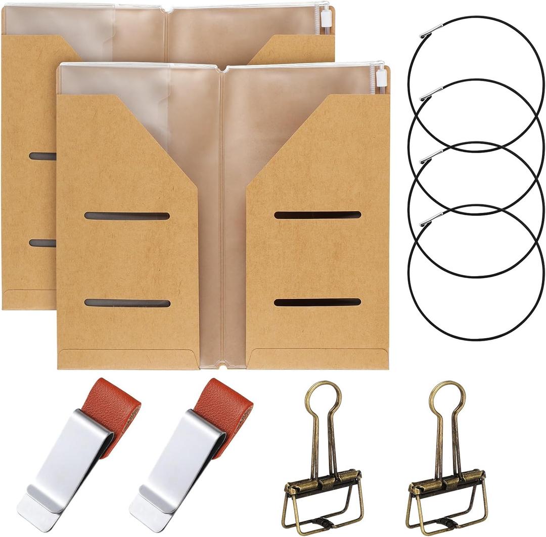2 Pack Travelers Notebook Accessories Kit Include Travel Kraft File Folder, Zipper Case, Pen Holder, Binder Clip and Elastic Bands Travel Accessories Supplies (Standard Size)