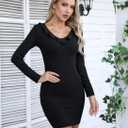 Valiamcep Women's Mini Dress V Neck Ruffle Long Sleeve Ribbed Slim Fitted Bodycon Pencil Dresses (Black, M)