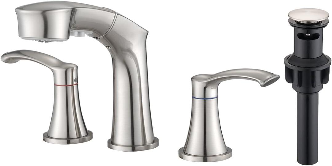 Bathroom Faucet 3 Hole with Pull Out Sprayer, 8 Inch Widespread Bathroom Faucet, Two Handle Vanity Faucet with cUPC Supply Lines, Brushed Nickel (with Pop-up Drain)