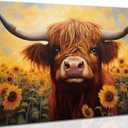 Highland Cattle Canvas Wall Art Cute Scottish Cow and Sunflowers Warm and Soft Color Painting Picture Wall Decor Poster Print Artwork for Bathroom Farmhouse Living Room Office Home Decoration (16"L x 12"W)