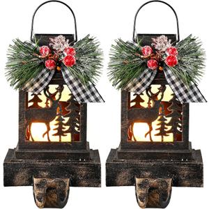 Therwen 2 Pcs Christmas Stocking Holders Lantern Christmas Stocking Hangers for Mantel Xmas Hooks Decorative Retro Light up Holders for Home Indoor Outdoor Decor(Elk,Bronze)