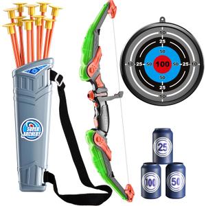 TEMI Bow and Arrow Set for Kids - Archery Toy Set - LED Light Up with Suction Cup Arrows, Target & Quiver, Indoor and Outdoor Toys for Children Boys Girls (Green & 3 Targets)