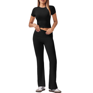 Ekouaer Women's Lounge Sets 2 Piece Outfits Short Sleeve Crops Fold-Over Flare Pants Loungewear Sweatsuit Skim Sets Black, Small 