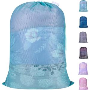 Polecasa Heavy Duty Diamond Large Mesh Laundry Bag with ID Tag and Locking Drawstring Closure - 24 x 36 inches - Laundry Hamper Liner, Washable Laundry Bags for Travel, Sports, Dorms (Aqua)