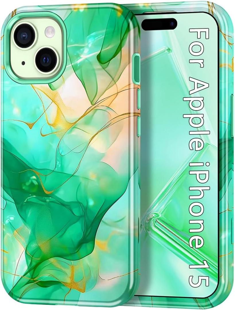 CASEFIV Compatible with iPhone 15 Case,Marble Pattern 3 in 1 Heavy Duty Shockproof Full Body Rugged Hard PC+Soft Silicone Drop Protective Women Girls Cover for iPhone 15, Mint Green