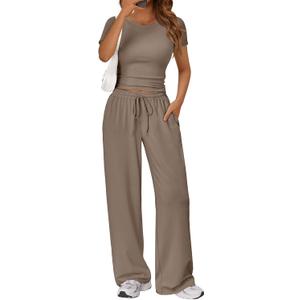Trendy Queen 2 Piece Matching Summer Lounge Set Womens Side Ruching Top Wide Leg Pants Sets with Pockets, Size Medium