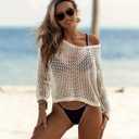 AI'MAGE Womens Crochet Tops Long Sleeve Hollow Out Swim Cover Up 2026 Beach Bikini Swimsuit Summer Tunic Top (White, M)