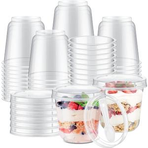Jingmore 80 Pack 9.5oz Clear Plastic Yogurt Parfait Cups Disposable Overnight Oats Containers with Lids and Spoons Cake Fruit Jars for Food Storage Salad Ice Creams Pudding Snacks (Round Style)