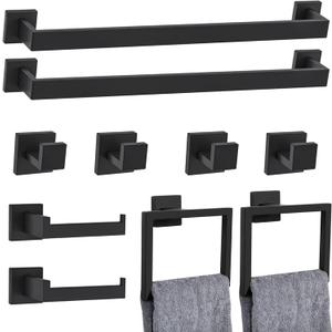 10-Piece Matte Black Bathroom Hardware Set,Towel Bar Set for Bathroom Include 23.6 inch Towel Bar,Towel Ring,Toilet Paper Holder Towel Hooks,Stainless Steel Wall Mounted
