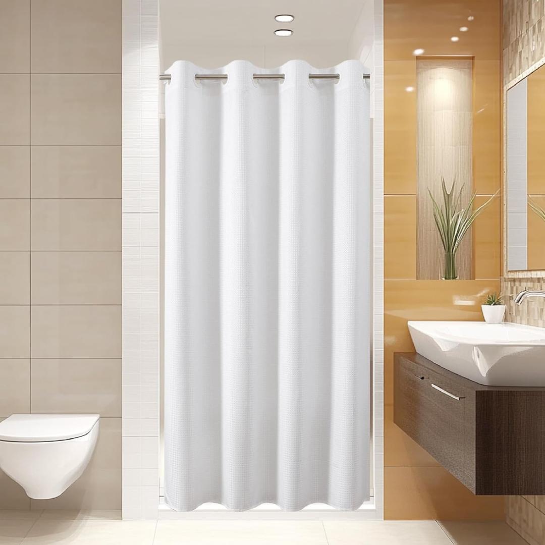 eachope No Hooks/Liner Needed - Waterproof 3-in-1 Hotel Waffle Weave Shower Curtain, Machine Washable, Magnetically Weighted Hem, 54"x80" White for Bathroom