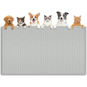 Silicone Cat & Dog Food Mat, 55" x 38" Extra Large Pet Feeding Mat for Cats and Dogs Bowl, Pet Placemat for Food and Water with Raised Edge, Waterproof, Leakproof (Grey)