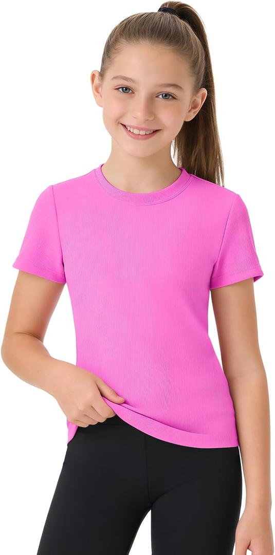 JOCMIC Girls T-Shirts Short Sleeve Stretchy Ribbed Crewneck Athletic Tees | Breathable Strenchy Comfort Material, Summer Clothes 2026, Sports School Daily
