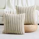 FUTEI Beige Striped Decorative Throw Pillow Covers 20x20 Inch Set of 2,Square Spring Decorations Couch Pillow Case,Soft Cozy Faux Rabbit Fur & Velvet Back,Modern Home Decor for Bed