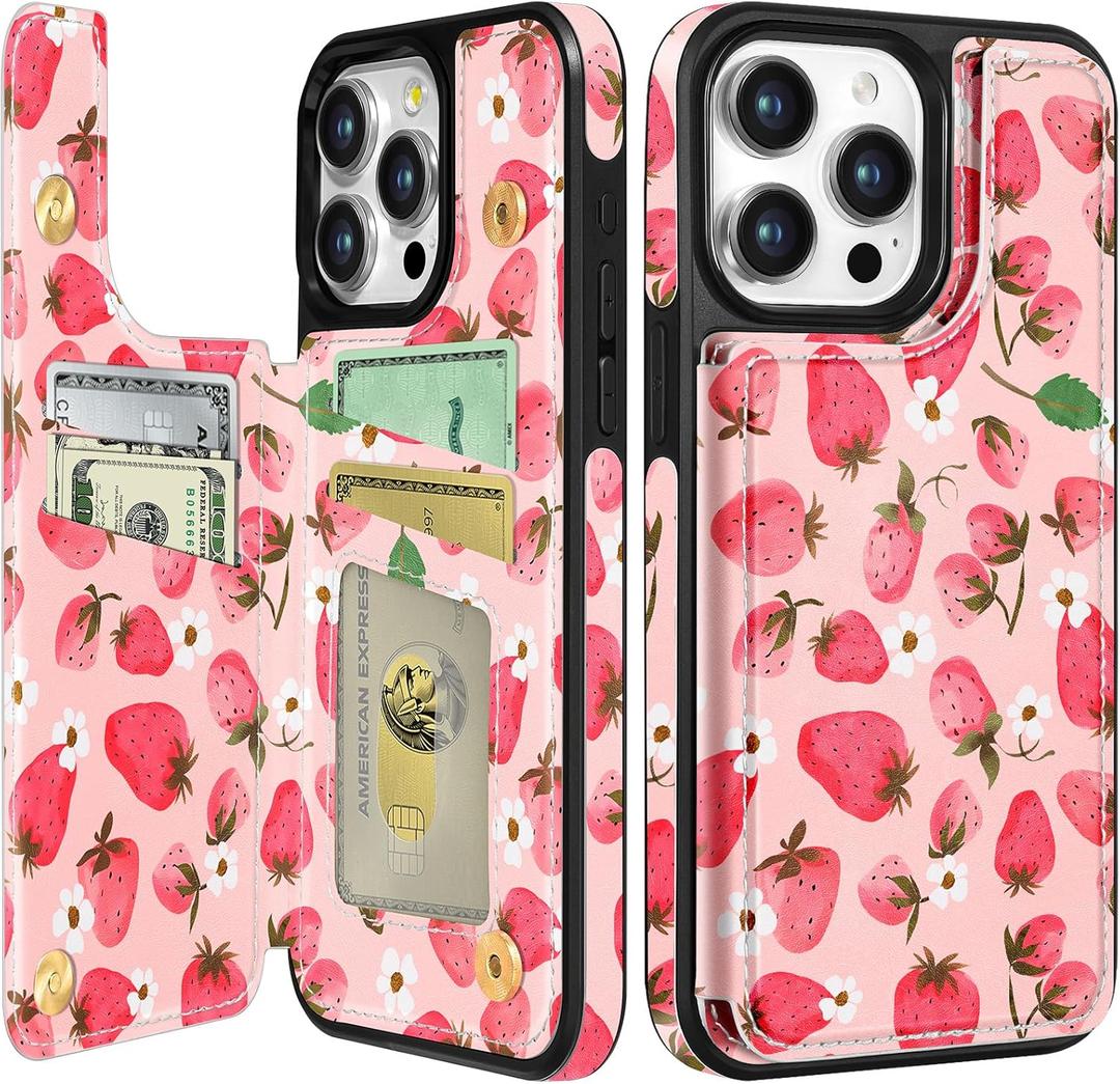 for iPhone 15 Pro Max Wallet Case with Card Holder, Designer Strawberry Pattern Kickstand Magnetic Clasp Back Flip Folio Leather Phone Cases for iPhone 15 Promax for Women Men Girls (Pk Strawberry Flower)