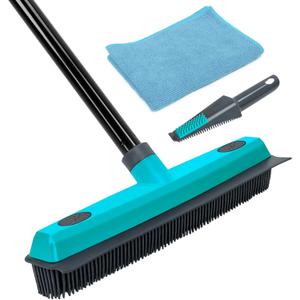 MAVRIZ Pet Hair Removal Broom Carpet Rake Rubber Broom with Squeegee Rug Rake to Fluff Carpet (Blue)