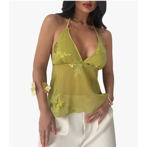 SHENHE Women's Y2k Floral Sequin Halter Top Low Cut Backless Sheer Chiffon Ruffle Flowy Tank, Size: M