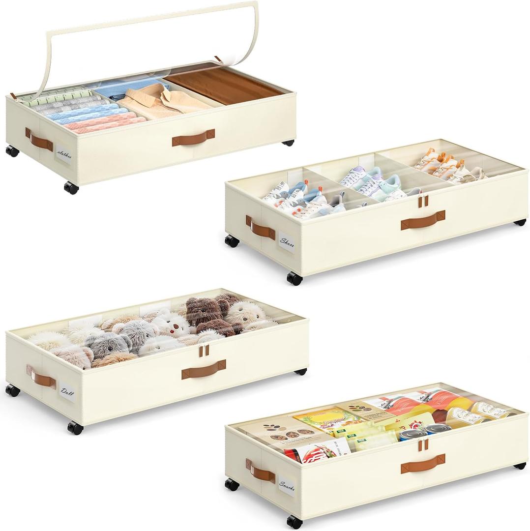 Yecaye Under Bed Storage with Wheels, 4 Pack Under Bed Storage Containers with Adjustable Dividers & Clear Window, Rolling Underbed Organizer Bins Drawers for Clothes, Shoes, Blankets, Beige