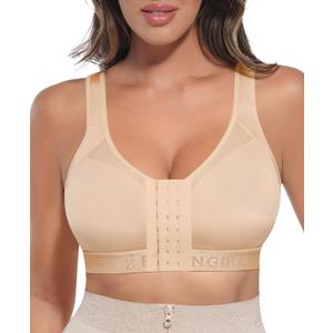 FeelinGirl Front Closure Post Surgery Compression Bra with Adjustable Straps Wireless Breast Augmentation Post Op Bras (3X-Large, Beige)