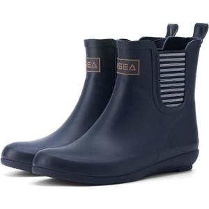 HISEA Rubber Rain Boots for Women Waterproof Chelsea Boots Short Ankle Rain Shoes Wedge Heel Anti-Slipping Rainboots for Ladies with Comfort Insole Lightweight Stylish Outdoor Work Booties (7, Navy Blue)
