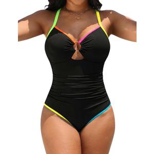 Blooming Jelly Womens One Piece Swimsuit Slimming Tummy Control Bathing Suit Shapewear Full Coverage Swim Suits (X-Large, Neon Black)