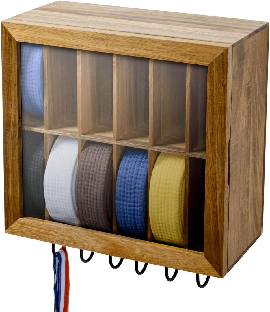 MyGift Taekwondo Belt Display for 12 Belts, Wall Mounted Acacia Wood Belt Rack with Medal Hooks, Clear Acrylic Window Martial Arts Award Holder Cabinet