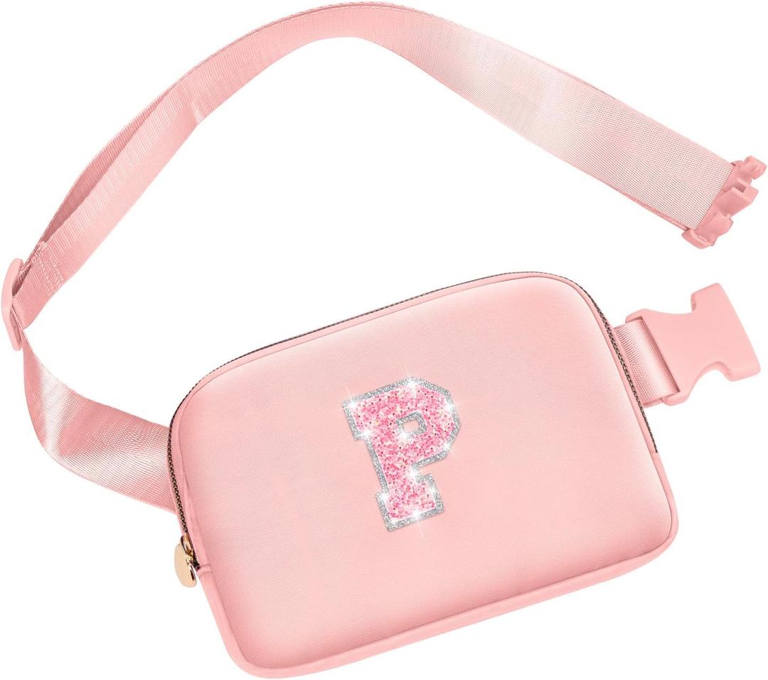 Personalized Belt Bag for Girls Teen Girl,Fashion Waist Packs with Adjustable Strap, Fanny Pack Crossbody Bag w/Initial Letter Patch, Teen Birthday Gifts for Sister Teenager Tween Preteen (Peach, P)