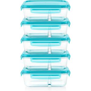 Pyrex Glass MealBox (5-Pack, 4 Cup) Divided Compartments with Locking Lids, For Meal Prepping and Portioning, BPA Free Microwave Dishwasher Safe